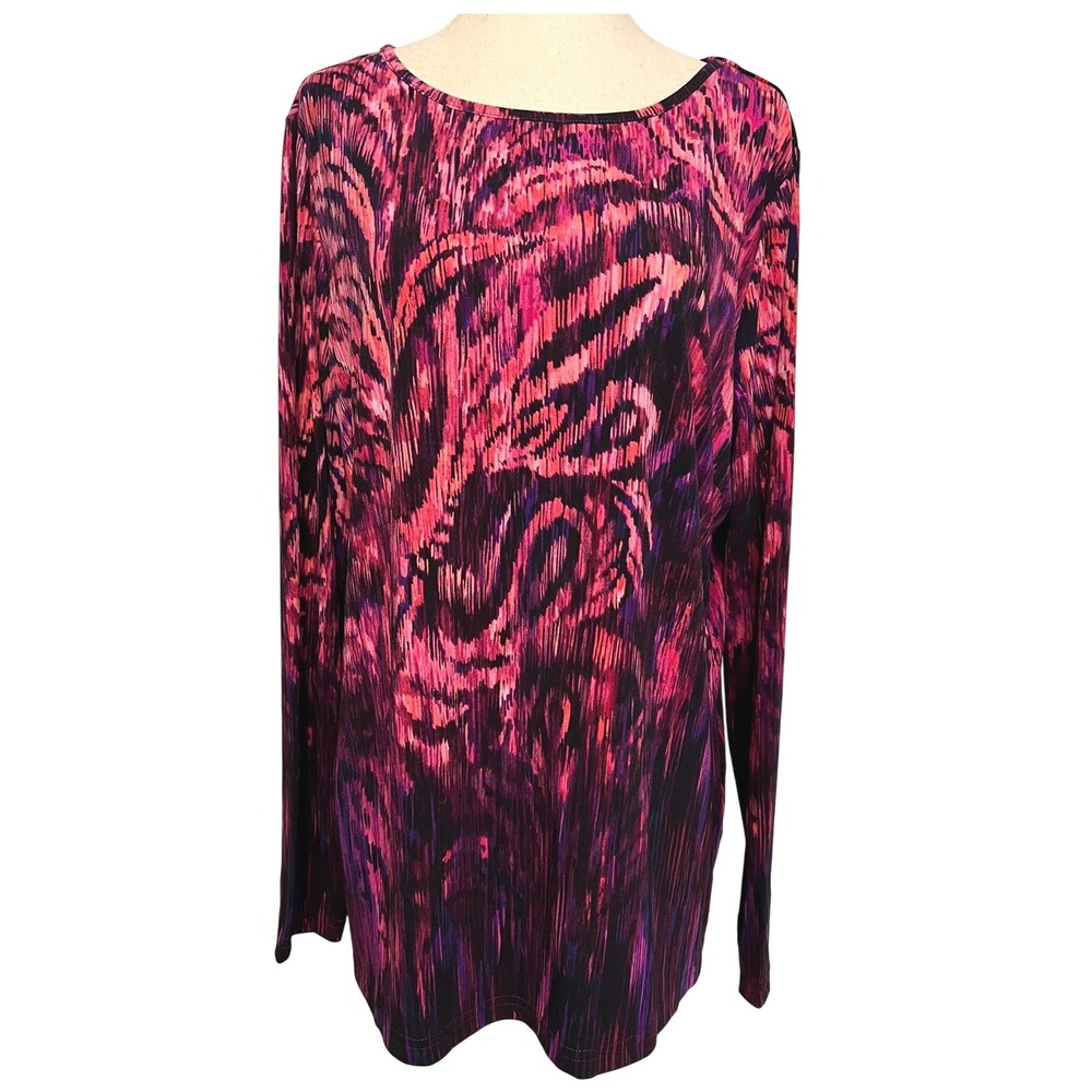 Bob Mackie Womens L Tunic Top Pink Purple Wearable Art Stretchy Artsy Eclectic